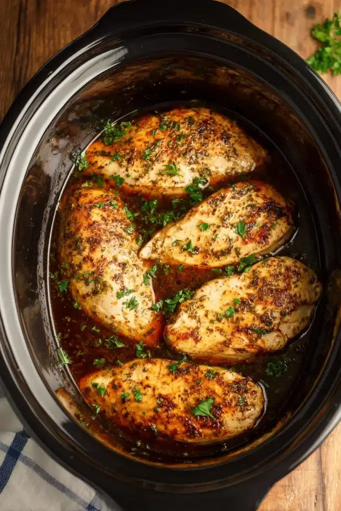 Slow cooker chicken breasts cooked in broth and herbs, shown in a black crockpot with golden seasoning and garnished with parsley.