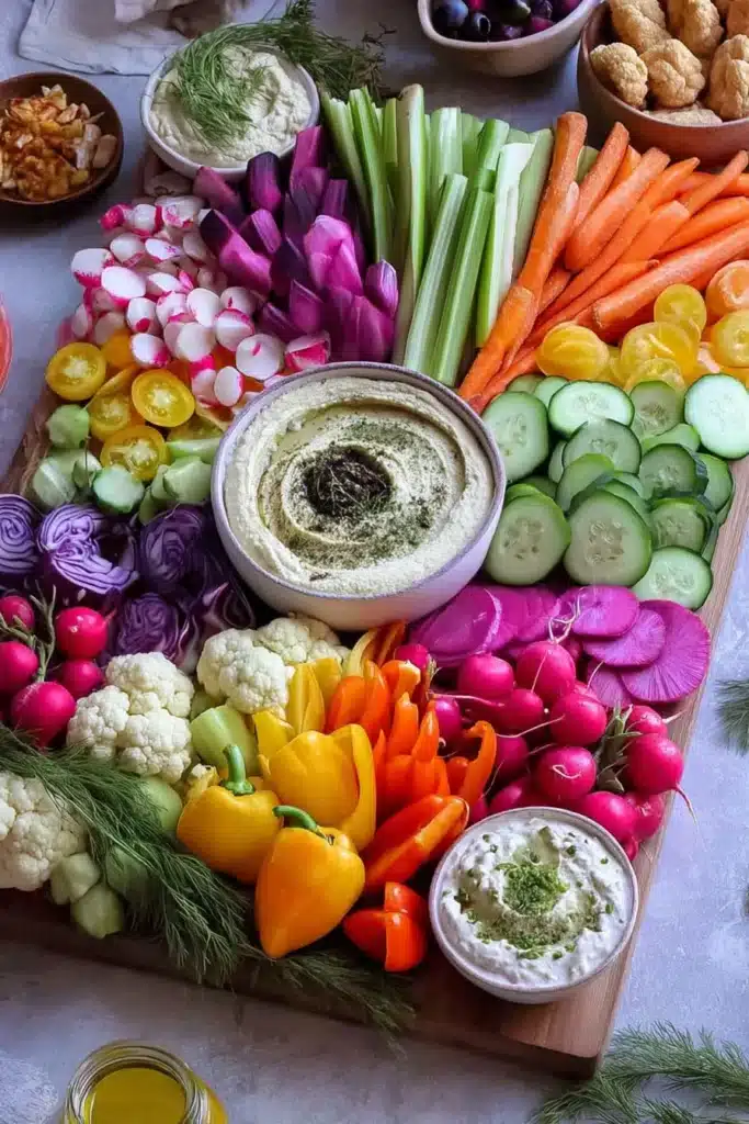 colorful vertical crudite platter with dips and fresh vegetables