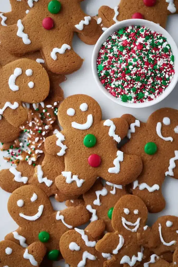 Gingerbread men cookies with icing and holiday sprinkles on white background