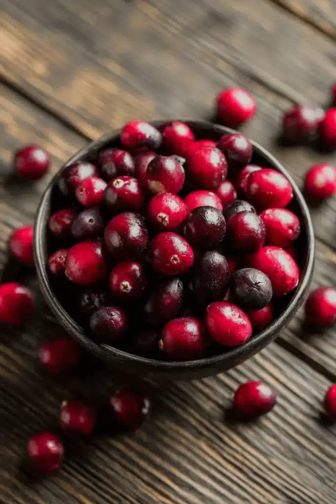 Fresh cranberries in bowl on rustic wood for the best homemade cranberry sauce
