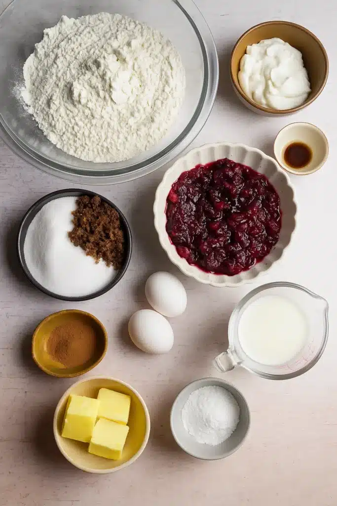 All ingredients for leftover cranberry sauce coffee cake muffins in bowls