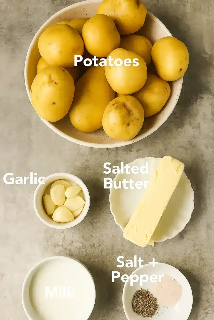 Garlic Mashed Potatoes ingredients flat lay with labeled components