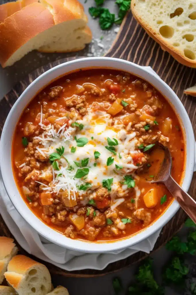 A hearty bowl of lasagna soup topped with melted cheese and fresh basil, served with a spoon on the side.