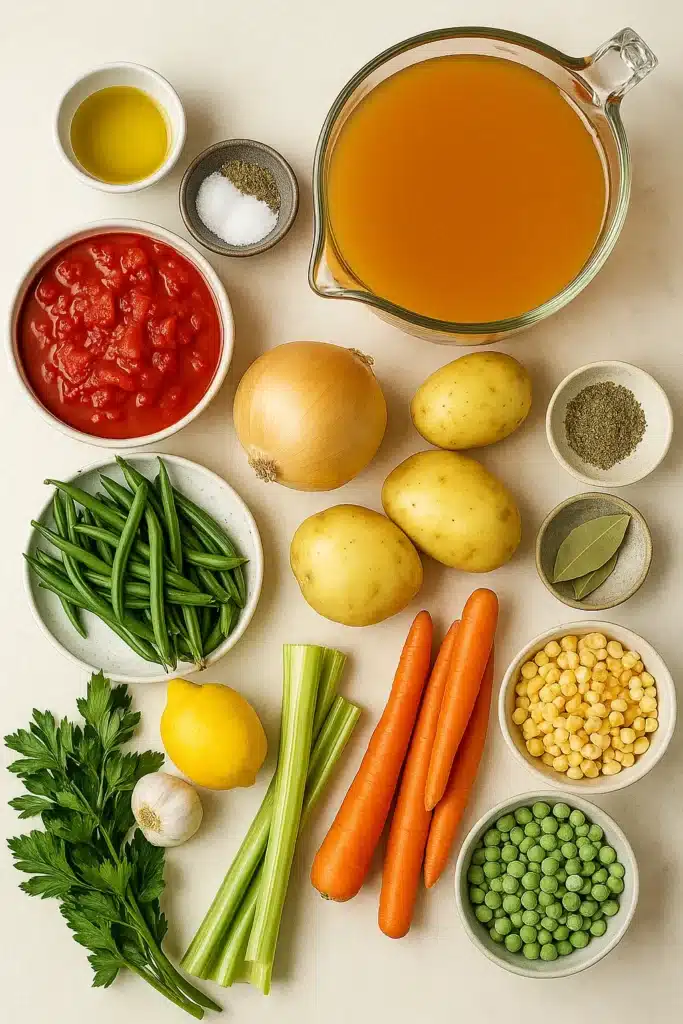 Top view of a bowl of vegetable soup with carrots, potatoes, green beans, peas, corn, and tomatoes in a clear broth, garnished with fresh parsley.