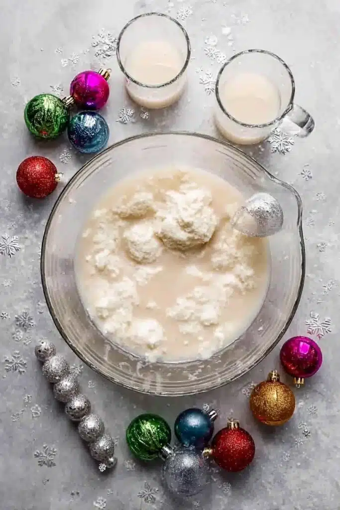 white christmas punch bowl with mugs and festive ornaments