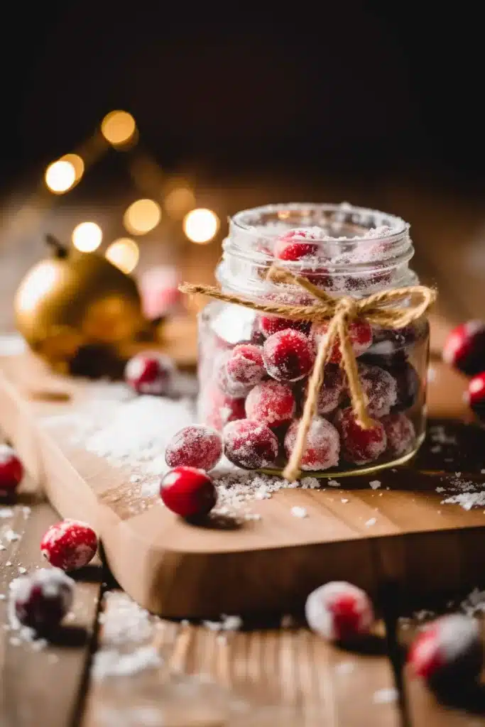 A close-up of candied cranberries coated in powdered sugar, scattered on a wooden board next to a jar tied with a gold ribbon.