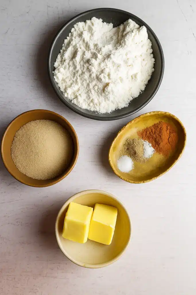 Flour, sugar, butter, and spices for leftover cranberry sauce coffee cake muffins