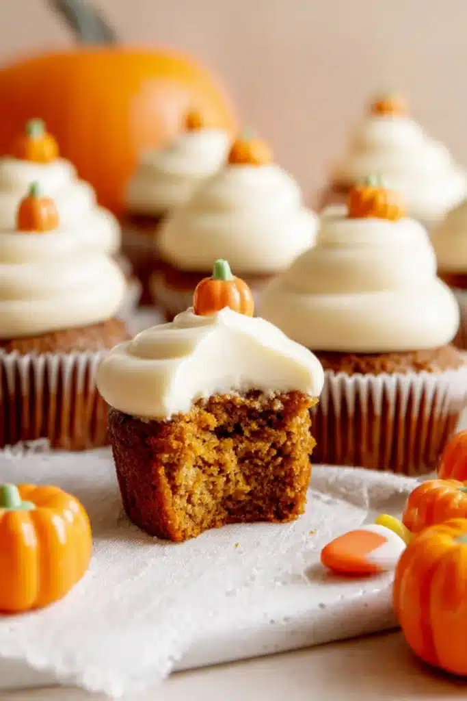 Bitten pumpkin cupcake with cream cheese frosting on a plate