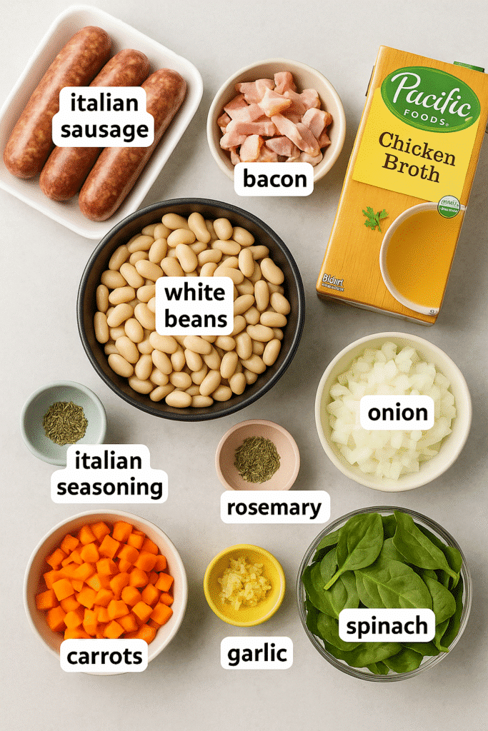 Italian sausage white bean soup ingredients: sausage, beans, bacon, broth, spinach, carrots, onions, garlic, rosemary, and Italian seasoning.
