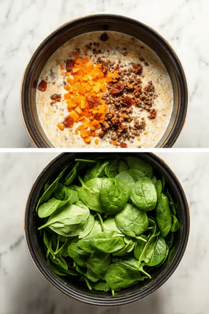 Italian Sausage White Bean Soup ingredients. Top: sausage, carrots, beans. Bottom: spinach.