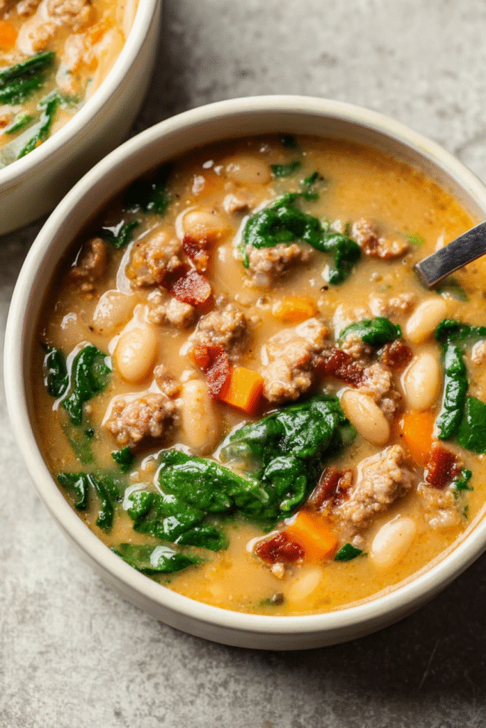 Italian Sausage White Bean Soup. Bowl of soup with sausage, beans, spinach, and carrots.