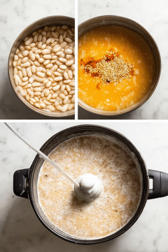Italian Sausage White Bean Soup Ingredients: Beans, broth, sesame seeds, and an immersion blender.