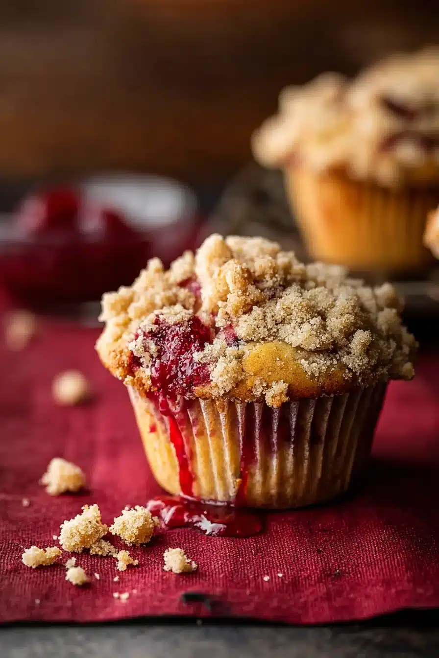 Cranberry coffee cake muffin with crumb topping on rustic napkin