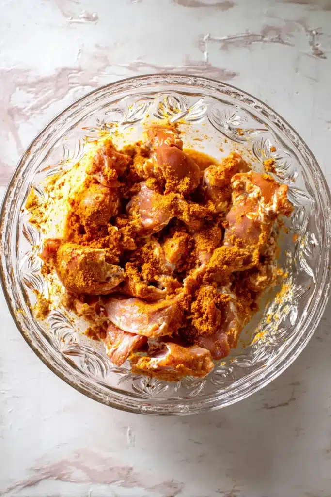 Raw chicken pieces marinated in spices and yogurt in a decorative glass bowl