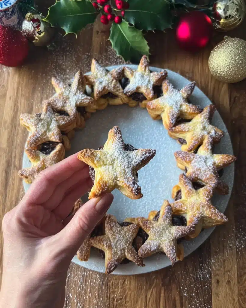 Hand holding Nutella puff pastry star above festive holiday wreath