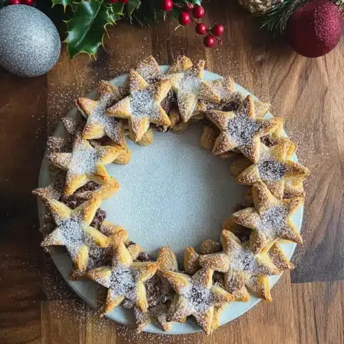 Nutella puff pastry star wreath with powdered sugar and holiday decor