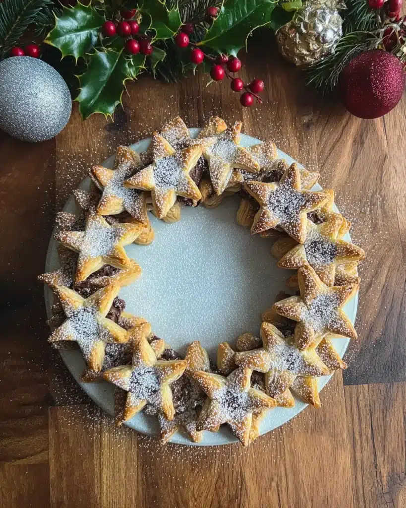 Nutella puff pastry star wreath with powdered sugar and holiday decor