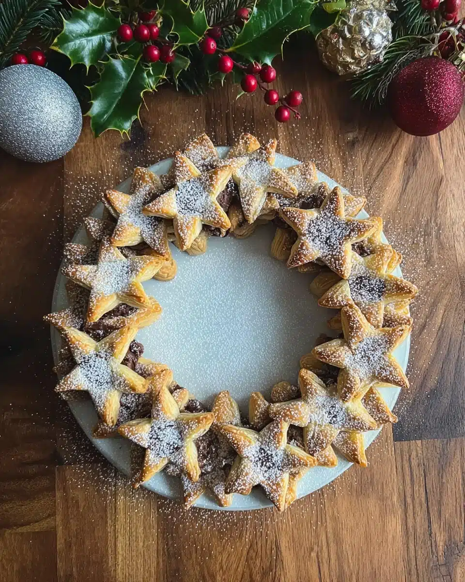 Nutella puff pastry star wreath with powdered sugar and holiday decor