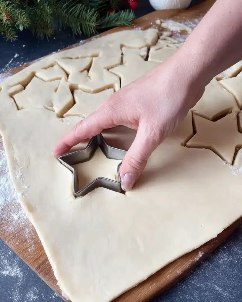 Cutting star shapes from Nutella puff pastry with cookie cutter