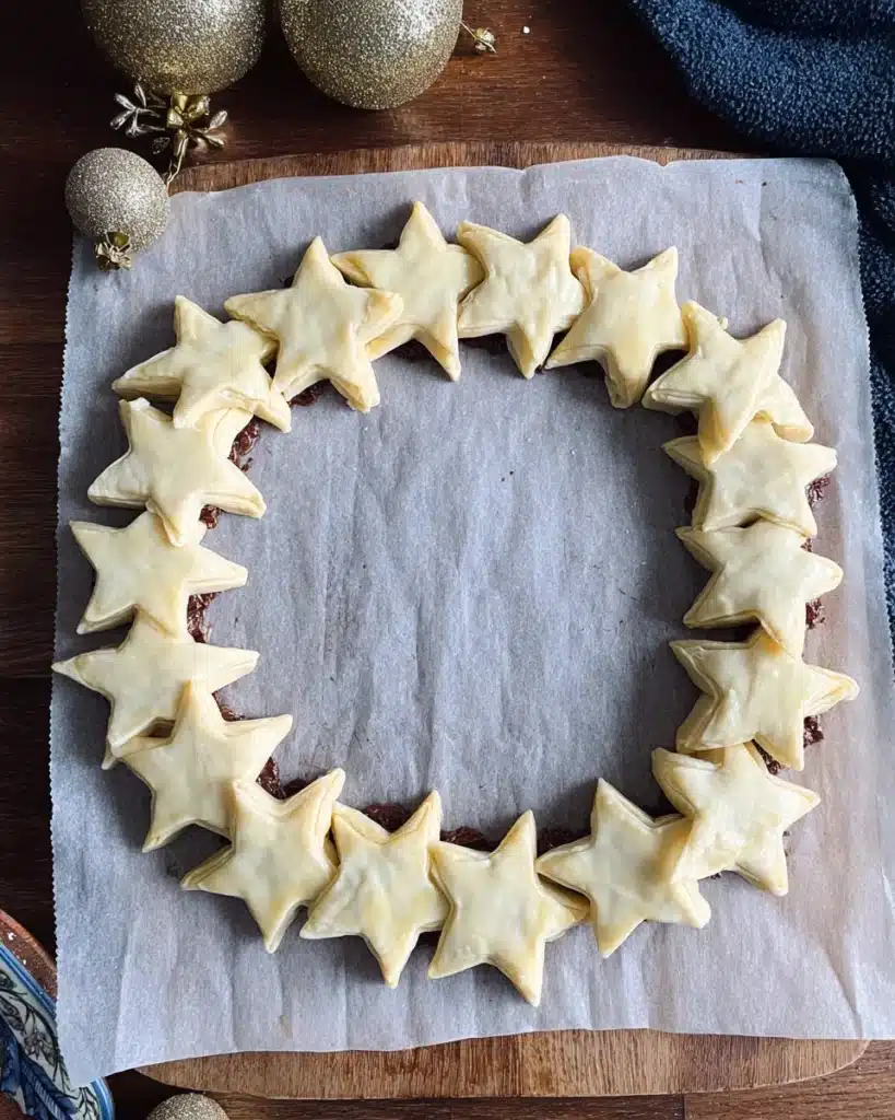 Unbaked Nutella puff pastry star wreath on parchment paper