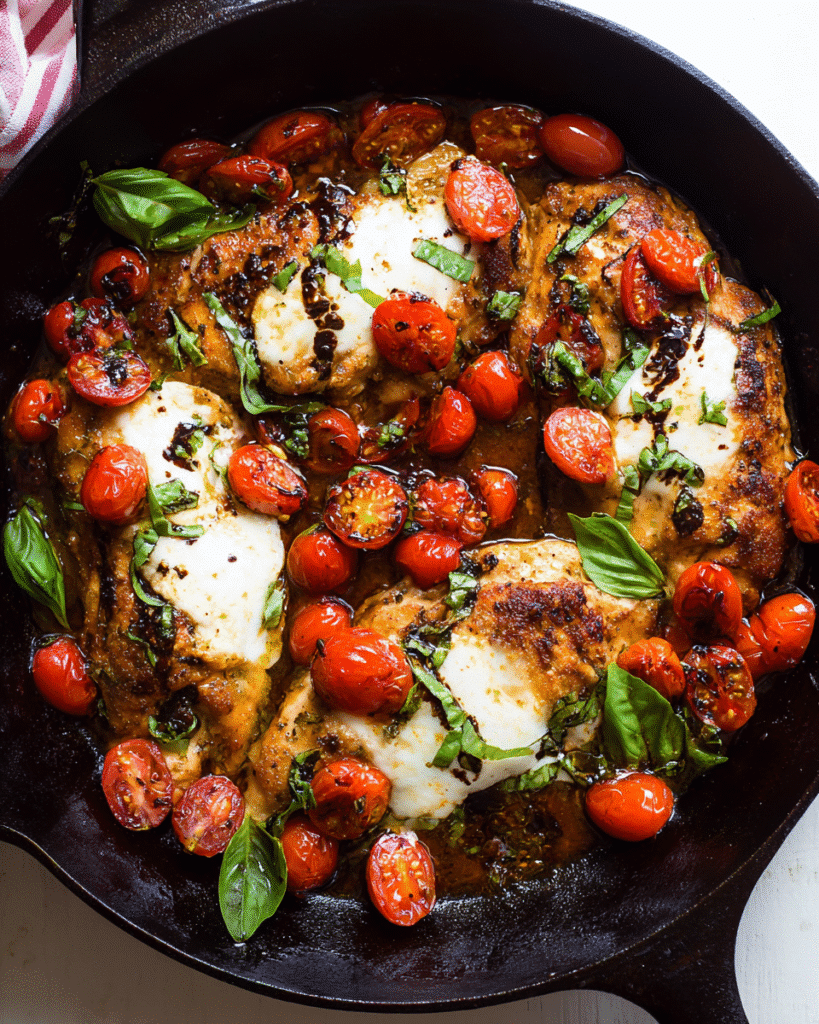 one pan balsamic chicken with mozzarella tomatoes and basil in cast iron skillet