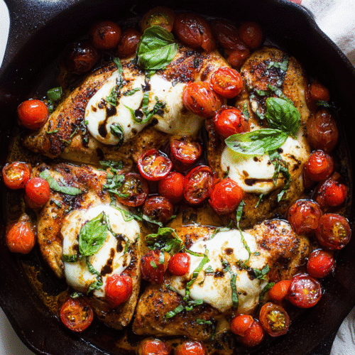 cast iron skillet with one pan balsamic chicken mozzarella cherry tomatoes and basil