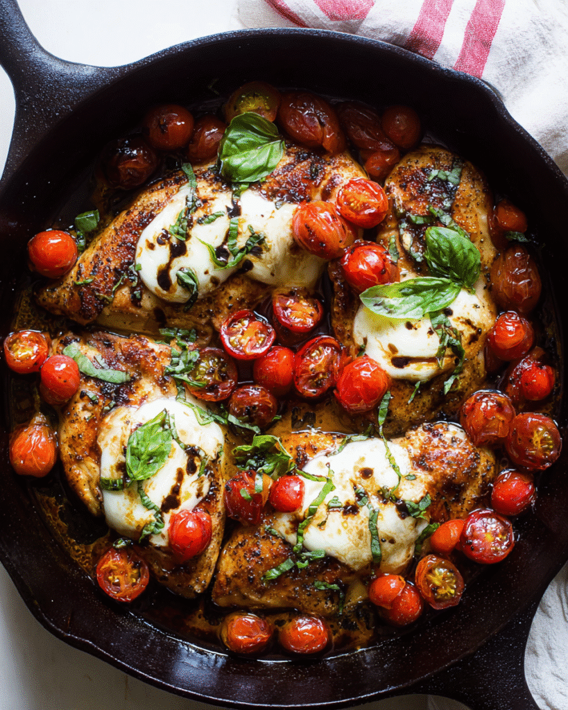 cast iron skillet with one pan balsamic chicken mozzarella cherry tomatoes and basil