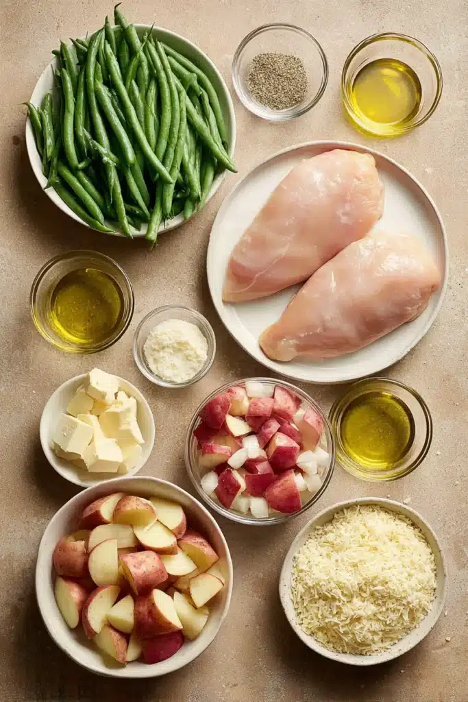 flat lay of ingredients for parmesan crusted chicken sheet pan dinner