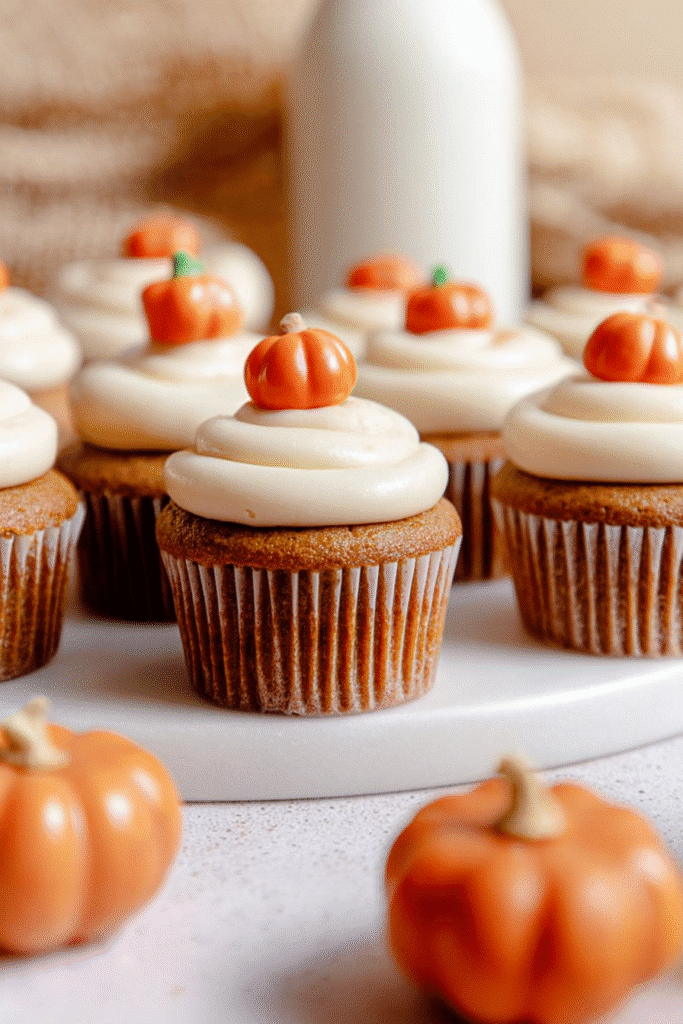 Frosted pumpkin cupcakes with candy pumpkins on white plate