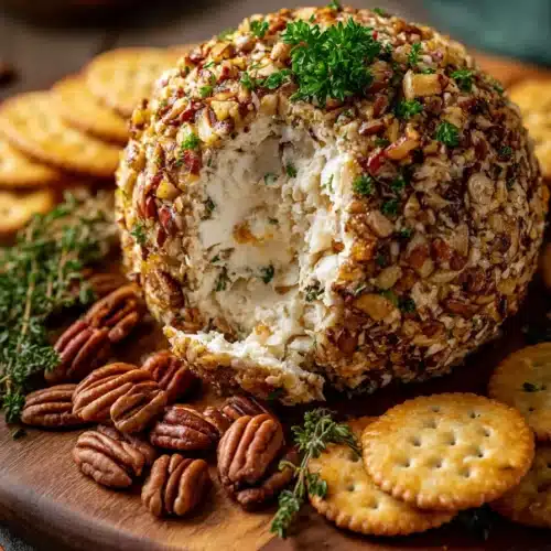 pineapple pecan cheese ball on wood board with crackers and herbs