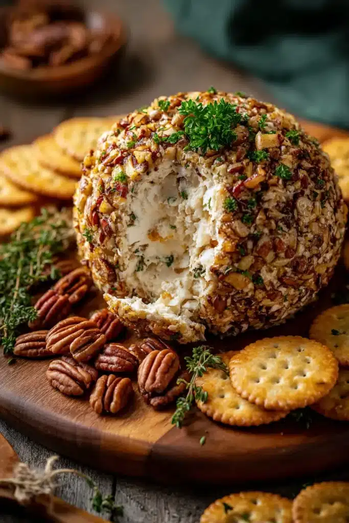 pineapple pecan cheese ball on wood board with crackers and herbs