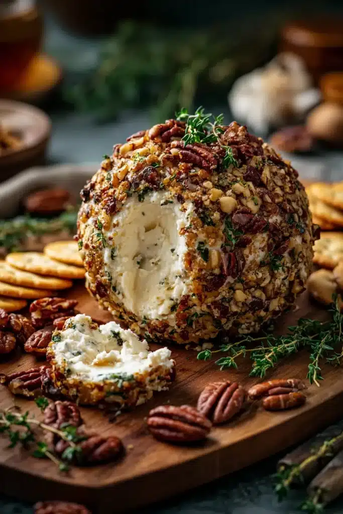 pineapple pecan cheese ball with crackers and herbs on wood board