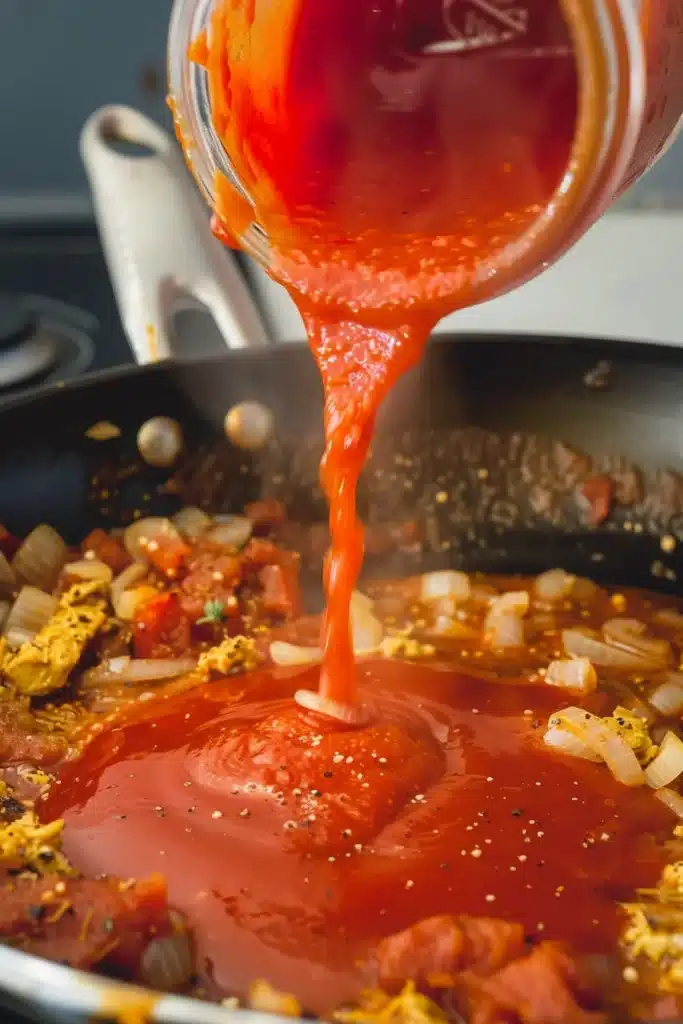 Tomato sauce being poured into a skillet of sautéed onions and spices while making butter chicken