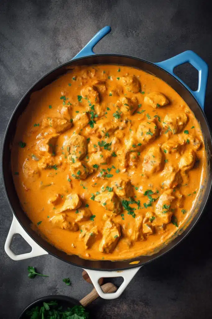 Creamy butter chicken cooked in a blue Dutch oven, featuring tender chicken chunks in rich orange curry sauce