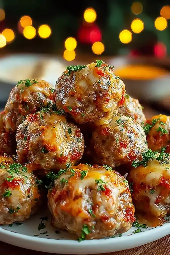 Close-up of Rotel Sausage Balls. Savory snack with sausage, cheese, and Rotel tomatoes. The best recipe!