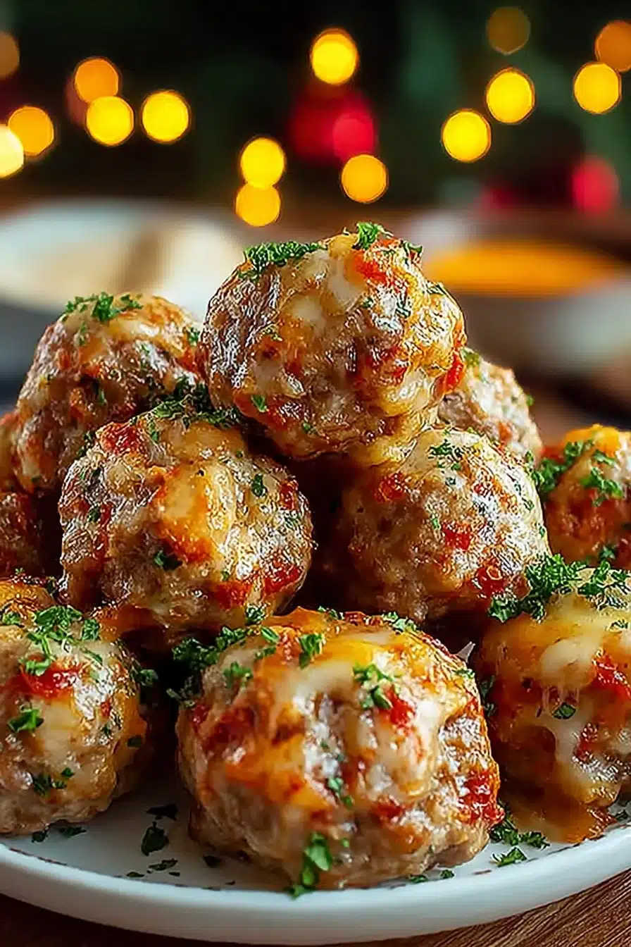 Close-up of Rotel Sausage Balls. Savory snack with sausage, cheese, and Rotel tomatoes. The best recipe!