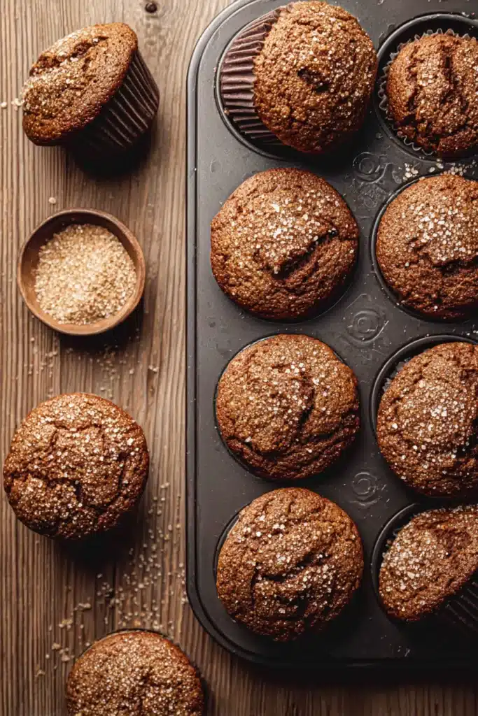 rustic spiced molasses gingerbread muffins with sugar tops on wood