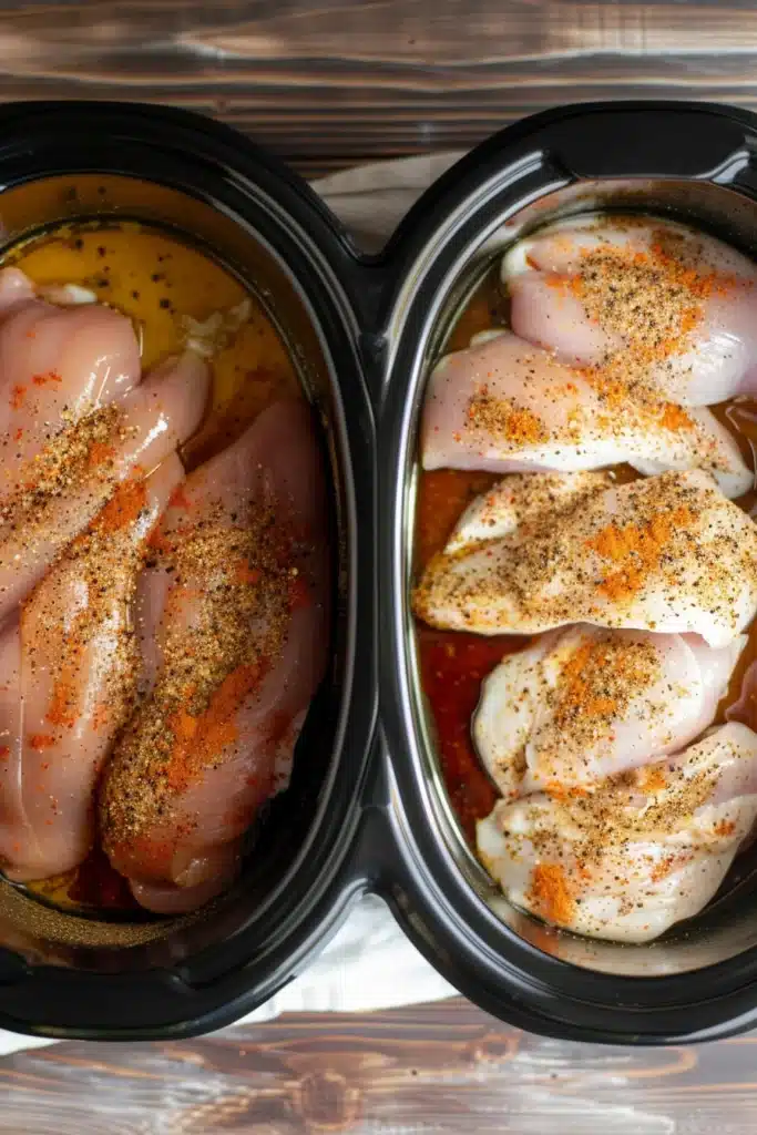 Side-by-side image of raw chicken breasts in a slow cooker and seasoned chicken being brushed with marinade before cooking.