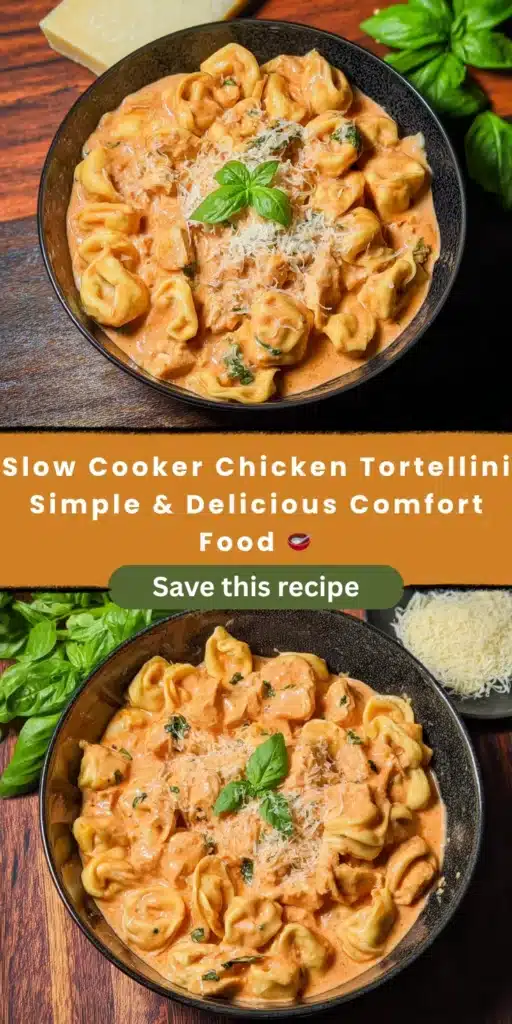 CrockPot Chicken Tortellini in a bowl. Easy, creamy comfort food with basil and parmesan cheese.