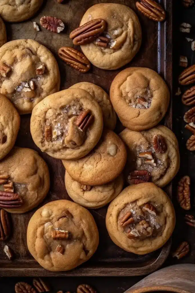 Homemade butter pecan cookies with toasted pecans on a baking sheet