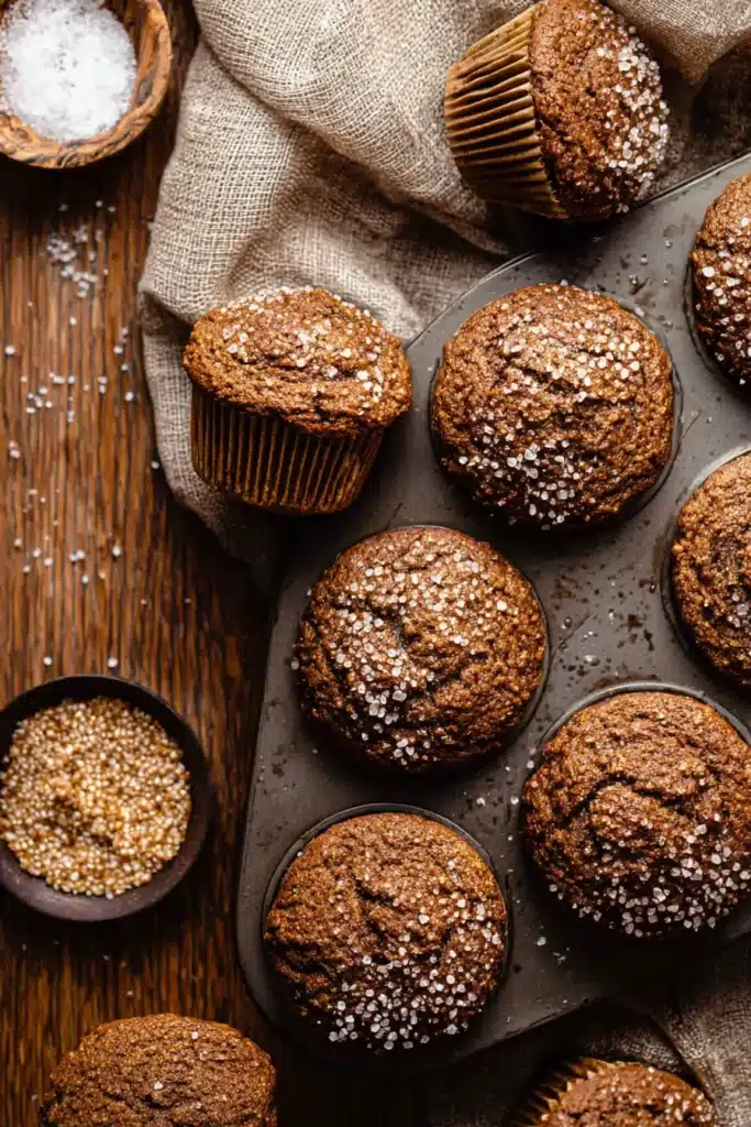 spiced molasses gingerbread muffins with sugar tops in muffin pan