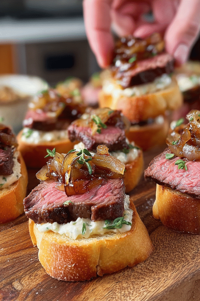 Steak crostini with creamy horseradish sauce and caramelized onions on a wooden board. Appetizer or party food.