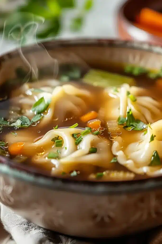 Steamy bowl of potsticker soup with dumplings, diced vegetables, and herbs in rich broth