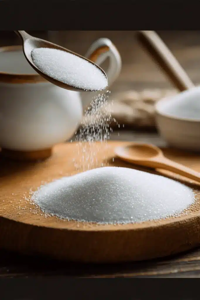 White sugar being poured for the best homemade cranberry sauce