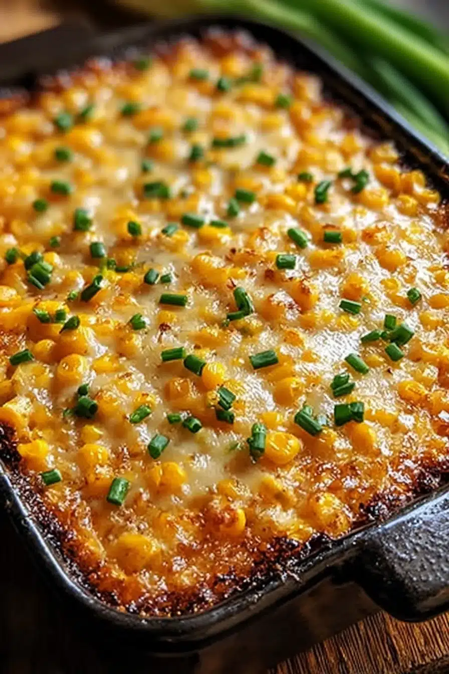 Sweet Harmony Honey-Glazed Corn Casserole. Creamy corn bake with chives in a cast iron pan. Irresistible side dish.