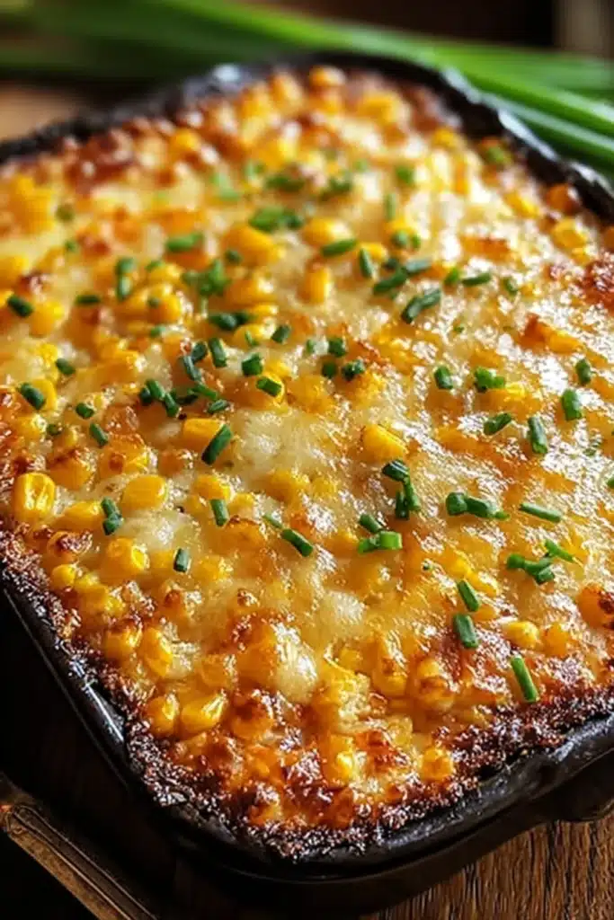 Sweet Harmony Honey-Glazed Corn Casserole. Creamy corn casserole with chives in a baking dish. Irresistible side dish.