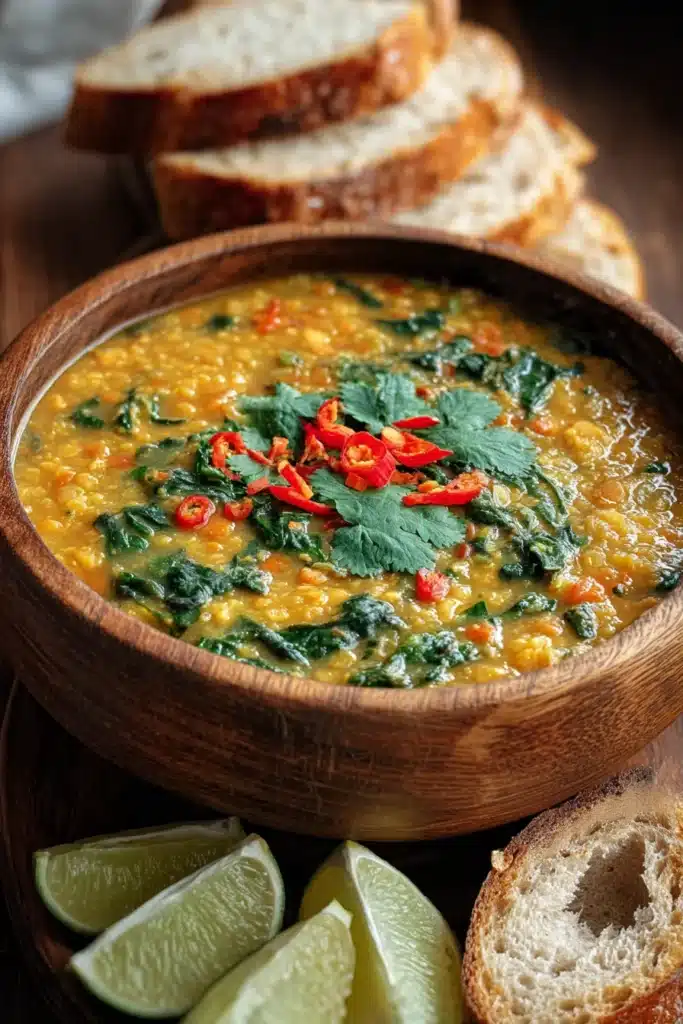 Thai coconut red lentil soup in a wooden bowl with bread and lime. Vegetarian soup recipe.