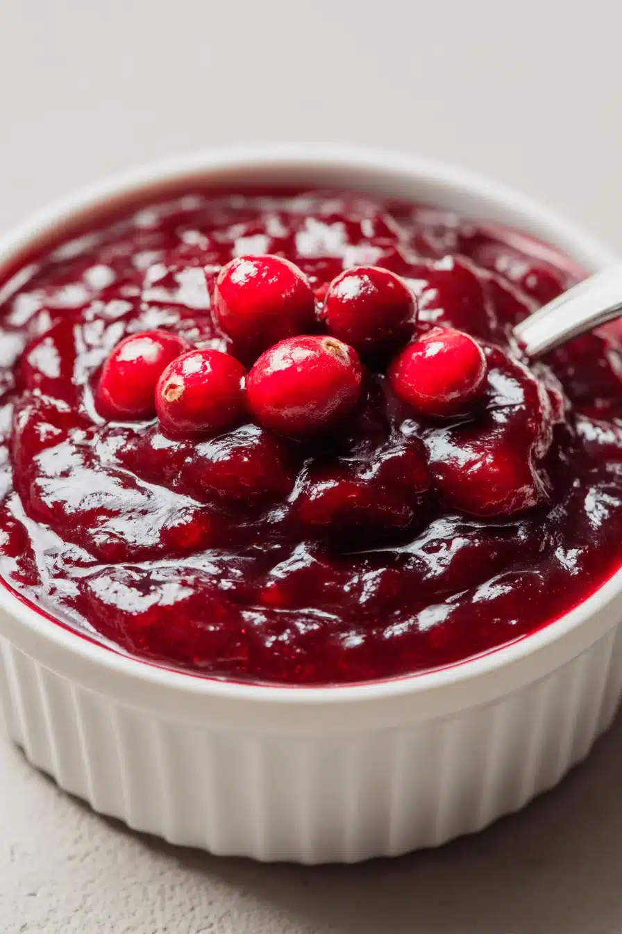 Glossy homemade cranberry sauce in white ramekin with fresh cranberries