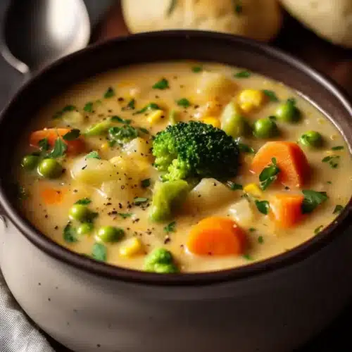 Bowl of creamy veggie pot pie soup with carrots, broccoli, peas, corn, and potatoes, garnished with herbs