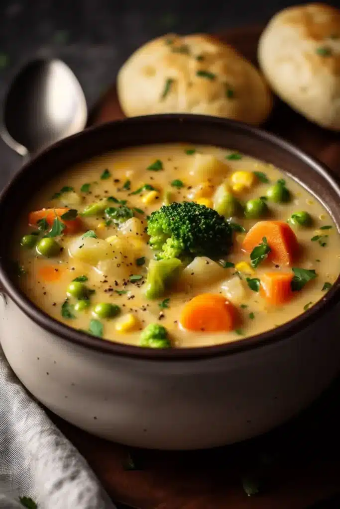 Bowl of creamy veggie pot pie soup with carrots, broccoli, peas, corn, and potatoes, garnished with herbs